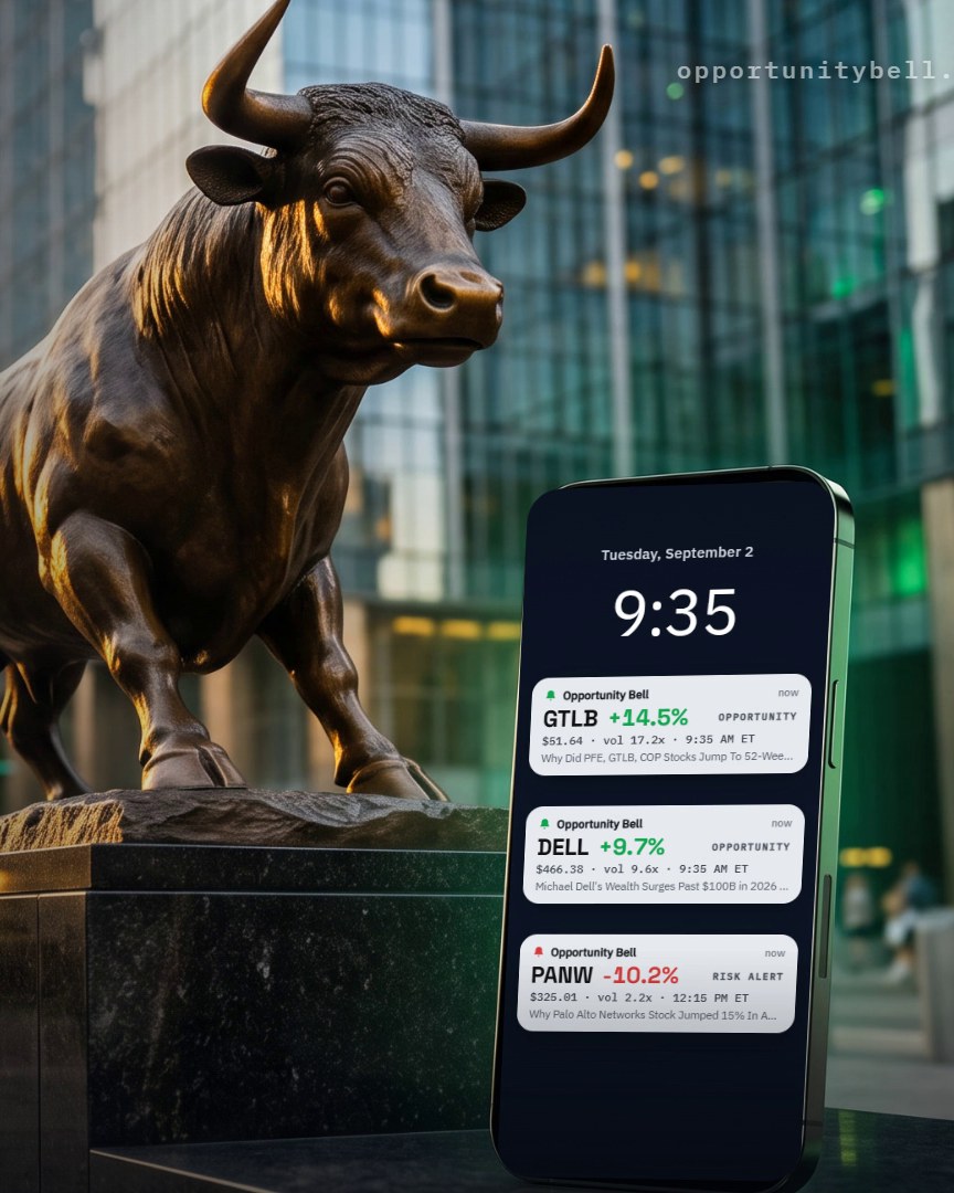 A phone showing three Opportunity Bell alerts beside a bronze bull.