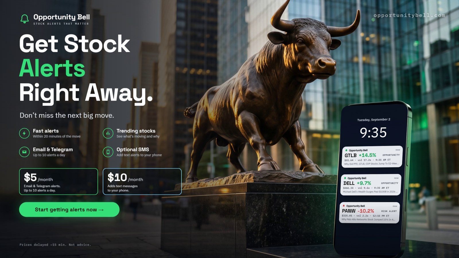 Get stock alerts right away. GTLB up 14.5%, DELL up 9.7%, PANW down 10.2% on a phone lock screen.